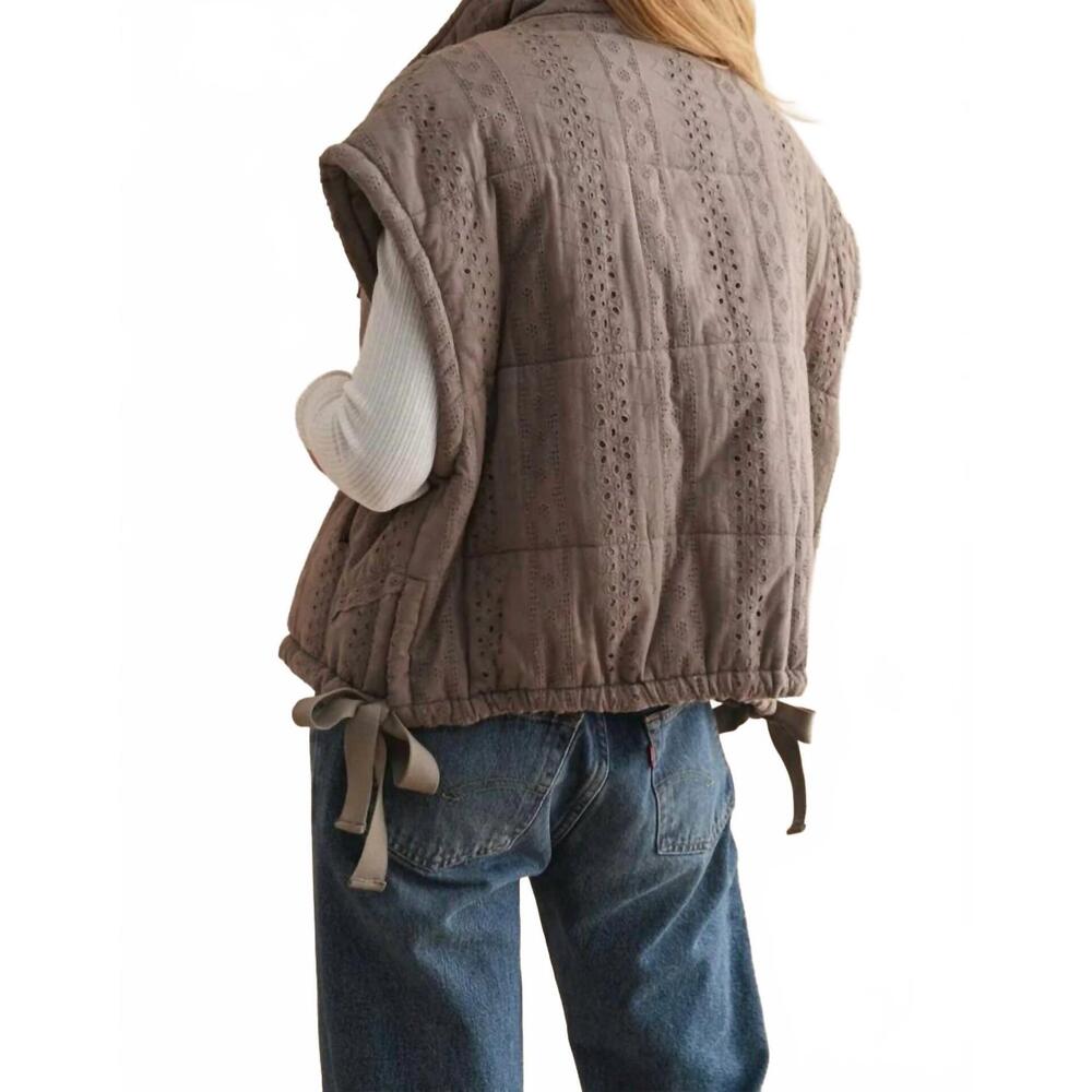 NEW MIOU MUSE lace crochet trim puff vest in brown - Picture 2 of 5